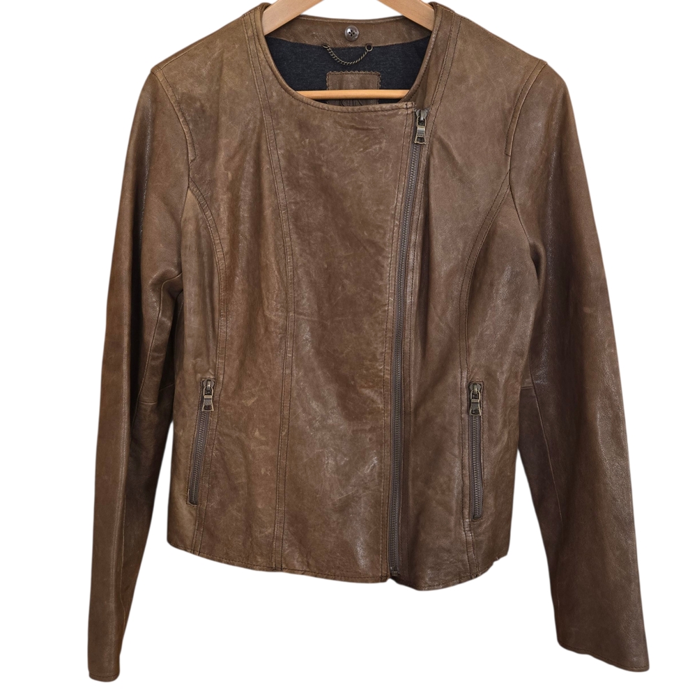 Banana Republic Distressed Leather Moto Jacket Womens Size Medium Brown Tan